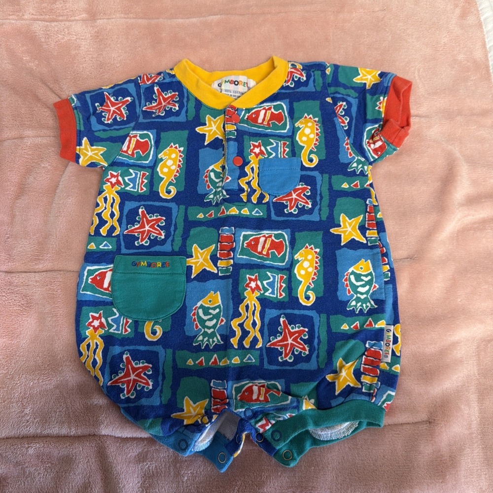 Vintage Gymboree Blue Sea Creature Bodysuit Ocean Print Rainbow Tag Bubble